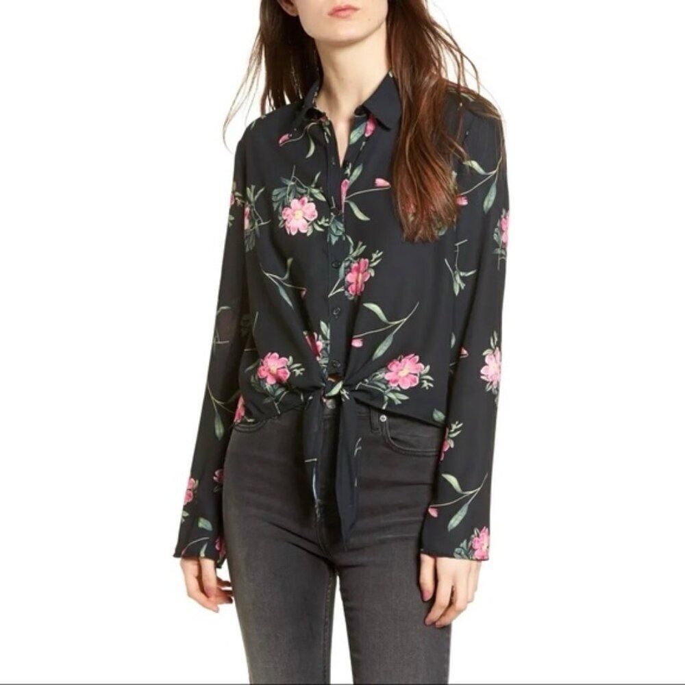✨ TEN SIXTY SHERMAN ✨ Floral Tie Front Shirt - [Large, Black/Pink]